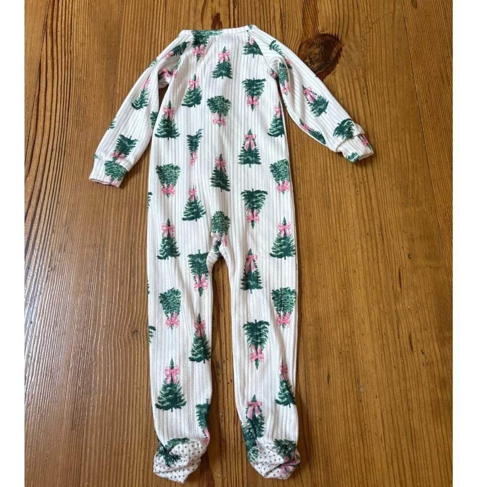 Tahari Christmas Tree Footed Sleeper Kids White Pink Bow Ribbed SIZE 18M